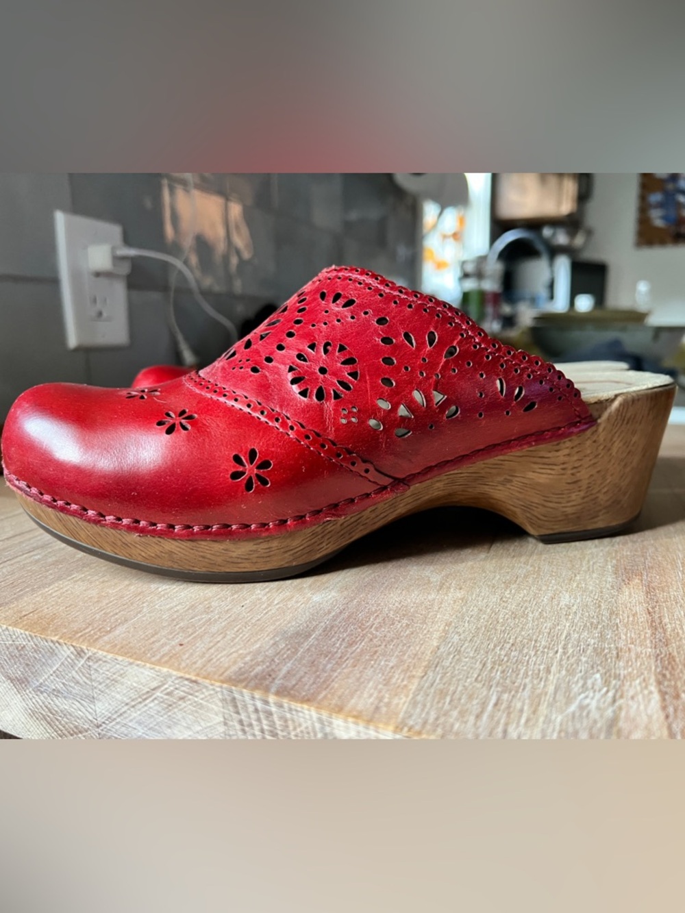 Dansko Red Leather Floral Cutout Clog Mule